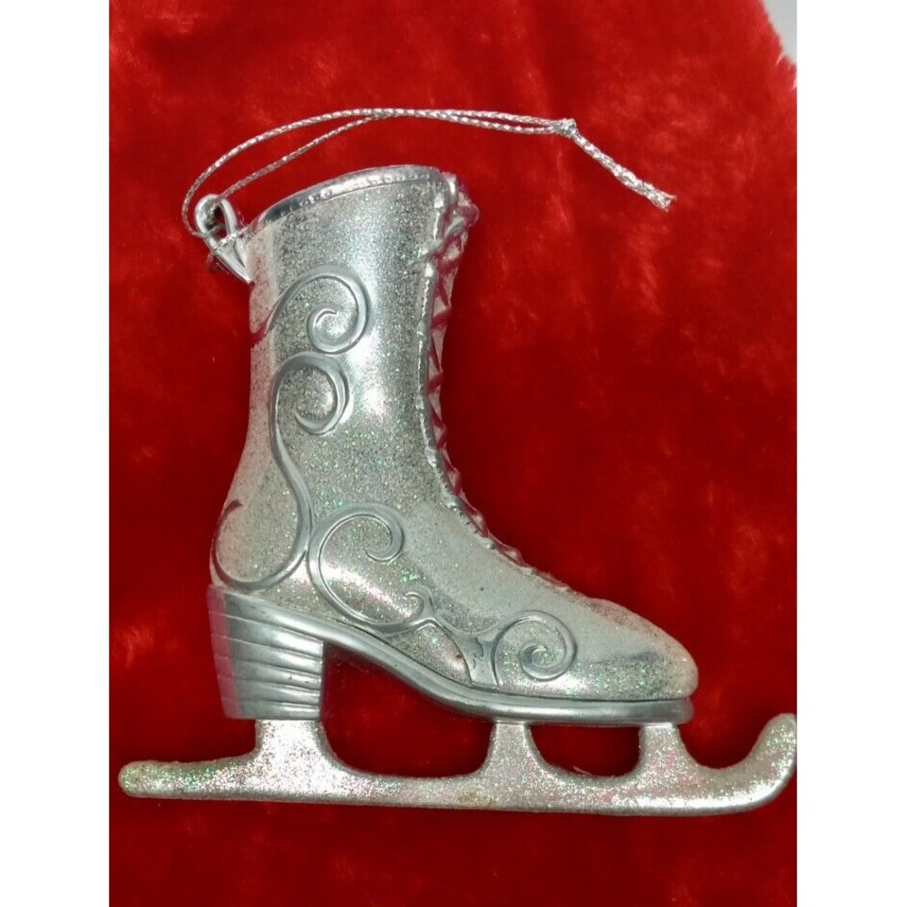Christmas tree ornament ice skate silver sparkly glitter plastic ✔️ pictures